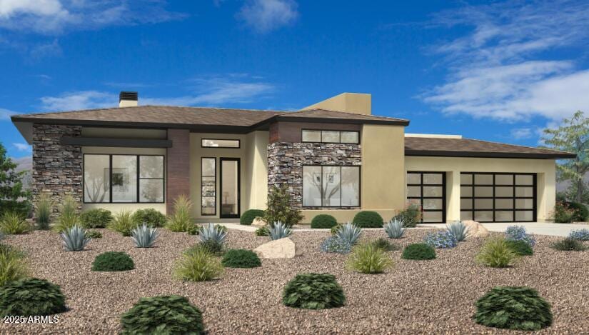 14152 E Harmony Ln, Fountain Hills, AZ 85268 - view of front facade featuring a garage, driveway, stone siding, and stucco siding
