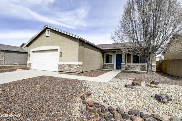 single story home featuring stucco siding, stone siding, fence, concrete driveway, and a garage