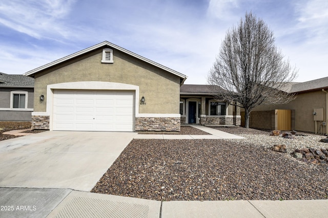 ranch-style home featuring concrete driveway, a garage, stone siding, and stucco siding