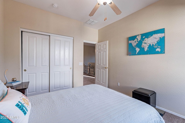 13318 W Indianola Ave, Litchfield Park, AZ 85340 - bedroom with baseboards, carpet floors, a closet, and a ceiling fan