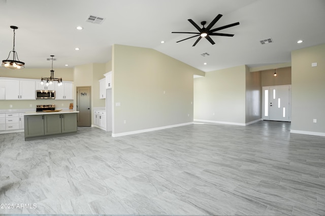 unfurnished living room with recessed lighting, visible vents, baseboards, and vaulted ceiling