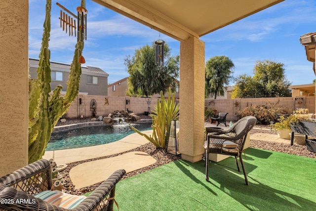 view of swimming pool featuring a patio and pool water feature