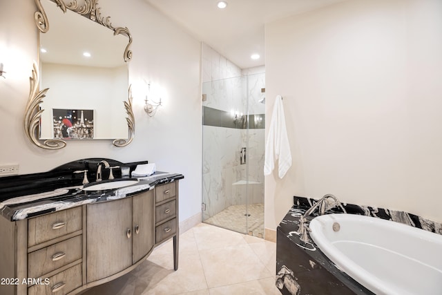 bathroom featuring tile floors, vanity, and plus walk in shower