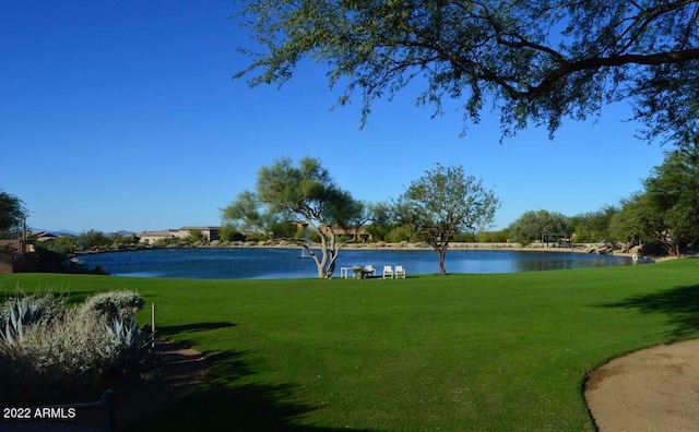 view of nearby features with a water view and a yard