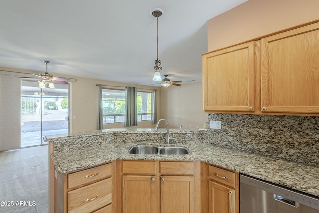 kitchen with ceiling fan, dishwasher, sink, kitchen peninsula, and light brown cabinetry