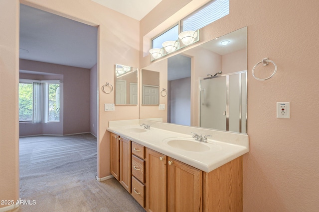 bathroom featuring vanity and a shower with shower door