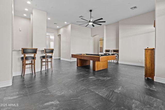 game room featuring pool table and ceiling fan