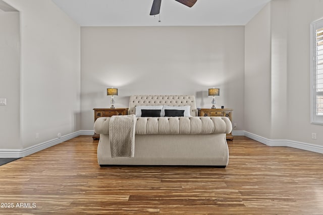 living room featuring ceiling fan and wood-type flooring