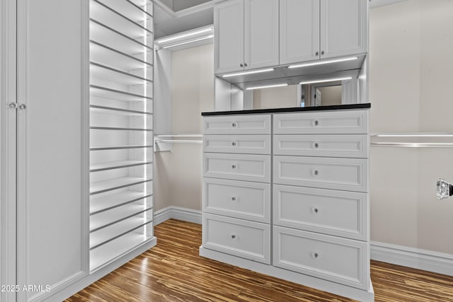 walk in closet with hardwood / wood-style flooring