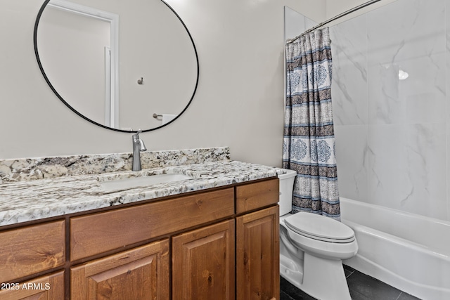 full bathroom featuring vanity, shower / bath combination with curtain, tile patterned floors, and toilet