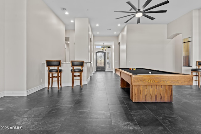 recreation room featuring ceiling fan and billiards