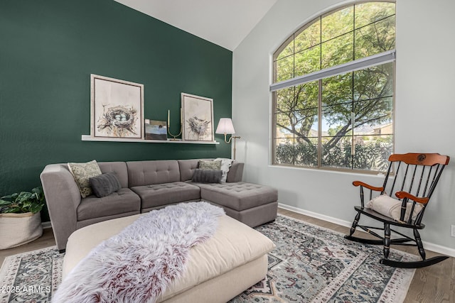 living room featuring baseboards, a healthy amount of sunlight, wood finished floors, and vaulted ceiling