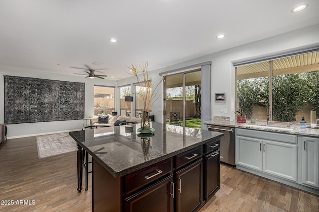 kitchen with a wealth of natural light, stainless steel dishwasher, wood finished floors, and recessed lighting
