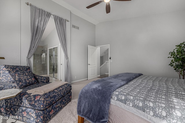 carpeted bedroom with vaulted ceiling, a ceiling fan, visible vents, and baseboards