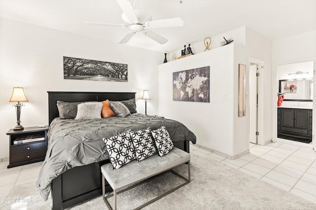 bedroom featuring light tile patterned floors and a ceiling fan