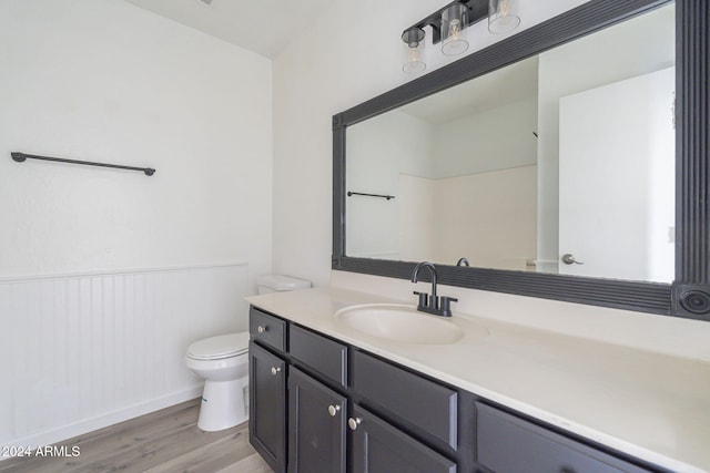 bathroom featuring toilet, vanity, and hardwood / wood-style flooring