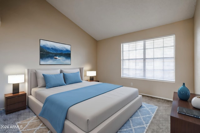 carpeted bedroom with vaulted ceiling