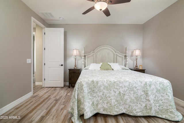 bedroom featuring ceiling fan and light wood-type flooring