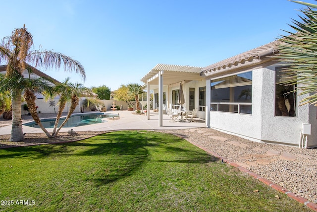 view of yard featuring a fenced in pool, a patio, and a pergola