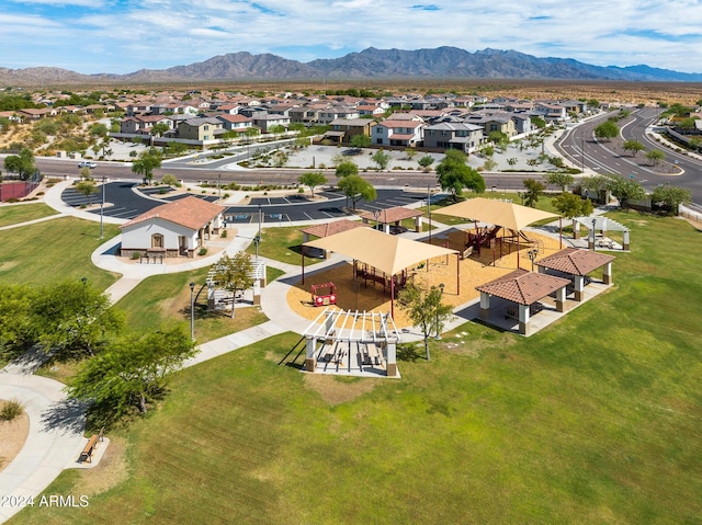 bird's eye view featuring a residential view and a mountain view