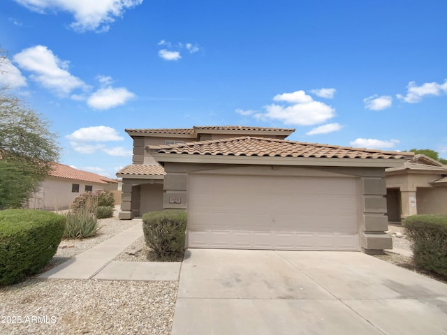 1078 E Poncho Ln, San Tan Valley, AZ 85143 - mediterranean / spanish-style house featuring concrete driveway, a tile roof, stucco siding, and a garage