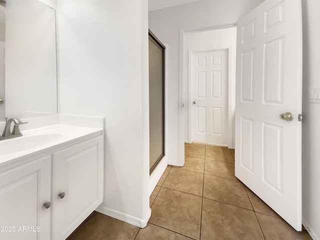 1078 E Poncho Ln, San Tan Valley, AZ 85143 - bathroom with tile patterned flooring, vanity, a shower stall, and baseboards