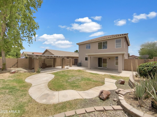 1078 E Poncho Ln, San Tan Valley, AZ 85143 - rear view of house featuring a patio, stucco siding, a tile roof, and central air condition unit