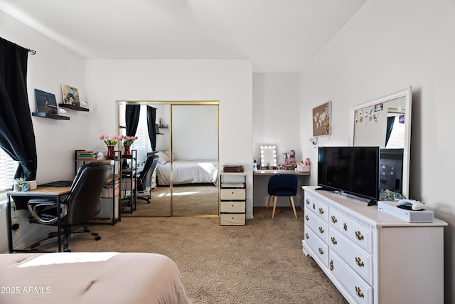 bedroom featuring light carpet, multiple windows, and a closet