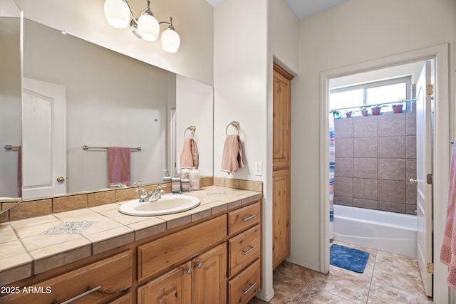 bathroom with tile patterned floors, shower / bath combo, and vanity