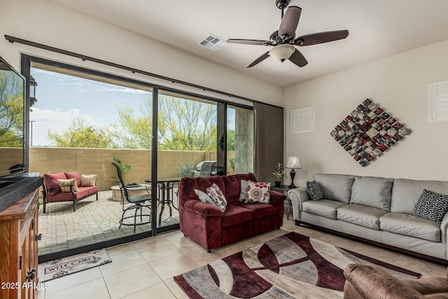 1813 N Trowbridge, Mesa, AZ 85207 - living area with ceiling fan, visible vents, and light tile patterned floors