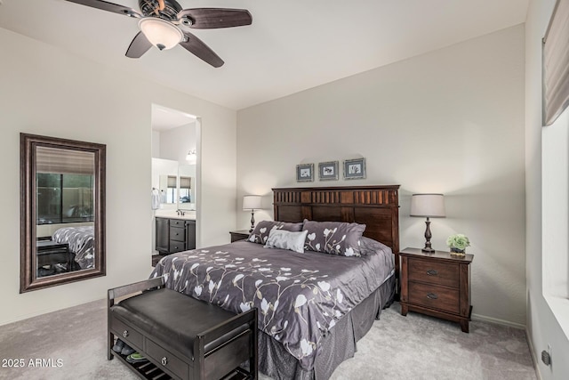 1813 N Trowbridge, Mesa, AZ 85207 - bedroom with light carpet, ensuite bathroom, baseboards, and ceiling fan