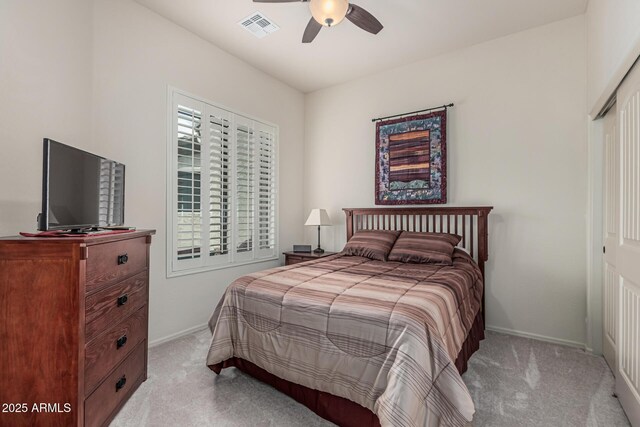 1813 N Trowbridge, Mesa, AZ 85207 - carpeted bedroom featuring ceiling fan, baseboards, visible vents, and a closet
