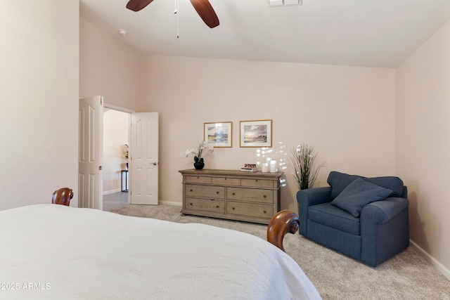 bedroom featuring a high ceiling, carpet, a ceiling fan, baseboards, and visible vents
