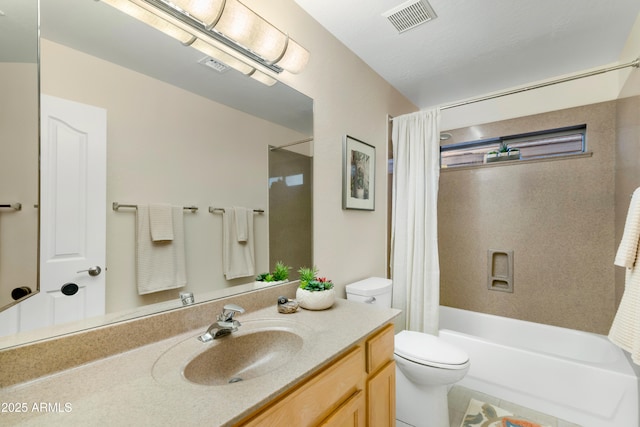 bathroom featuring toilet, visible vents, shower / bath combo, and vanity