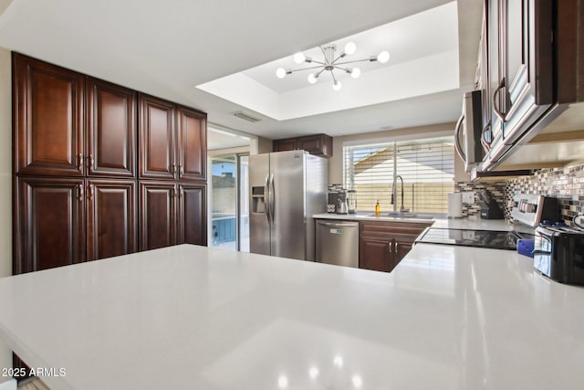 kitchen featuring a sink, a tray ceiling, appliances with stainless steel finishes, light countertops, and decorative backsplash