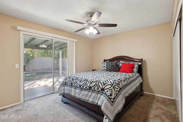 bedroom featuring access to exterior, baseboards, carpet flooring, a textured ceiling, and a ceiling fan