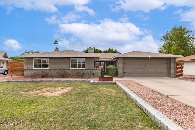 ranch-style house with a garage, a chimney, fence, a front lawn, and driveway