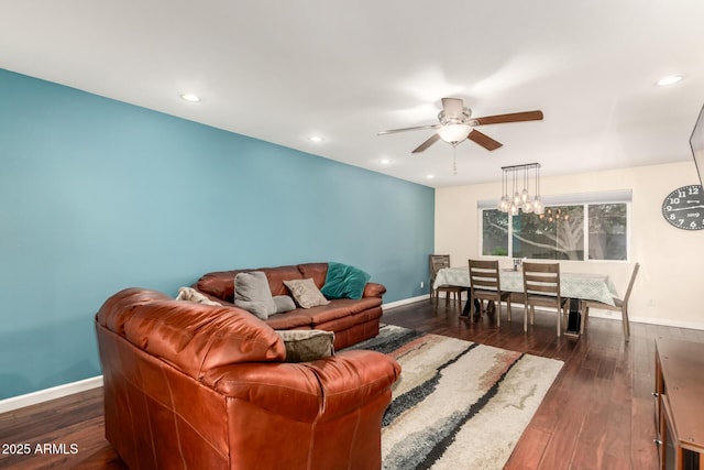 living area with dark wood finished floors, baseboards, ceiling fan, and recessed lighting