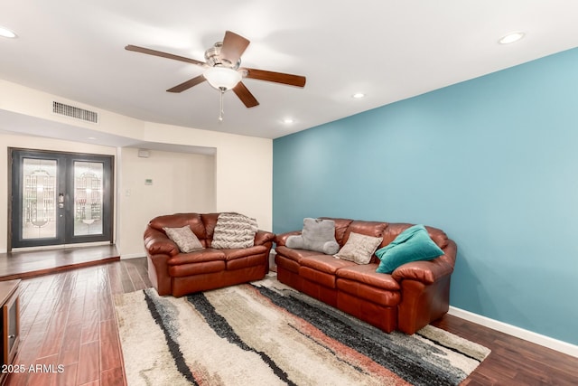 living area with french doors, wood finished floors, visible vents, recessed lighting, and ceiling fan