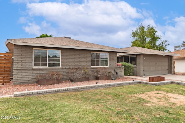 single story home with brick siding, an attached garage, concrete driveway, roof with shingles, and a front lawn