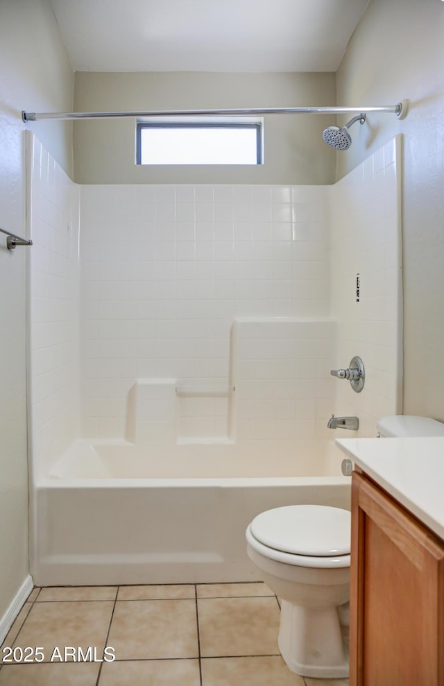 full bathroom featuring shower / tub combination, toilet, vanity, and tile patterned flooring