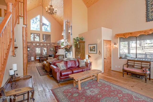 2353 Florian Meadow Trl, Overgaard, AZ 85933 - living room with ceiling fan with notable chandelier, wooden ceiling, stairway, and wood-type flooring