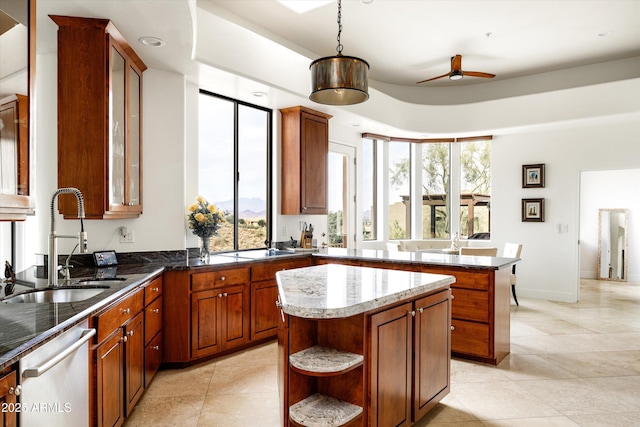 15816 E Eagle Crest Rd, Fountain Hills, AZ 85268 - kitchen featuring dishwasher, ceiling fan, a sink, open shelves, and a center island
