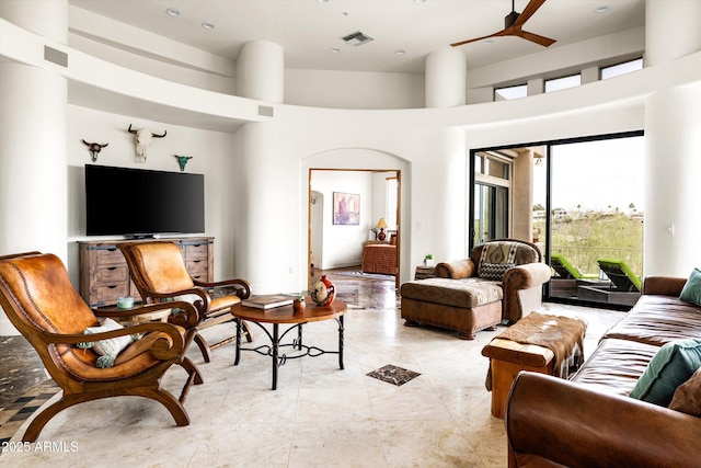 15816 E Eagle Crest Rd, Fountain Hills, AZ 85268 - living room featuring a towering ceiling, ceiling fan, and recessed lighting