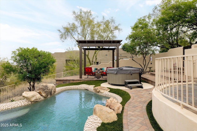 15816 E Eagle Crest Rd, Fountain Hills, AZ 85268 - view of swimming pool with a hot tub, a fenced backyard, a patio area, and a pergola