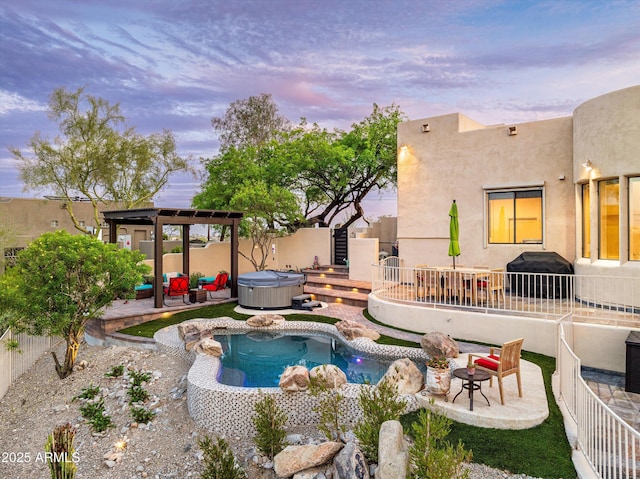 15816 E Eagle Crest Rd, Fountain Hills, AZ 85268 - view of swimming pool featuring a hot tub, area for grilling, a fenced backyard, and a patio