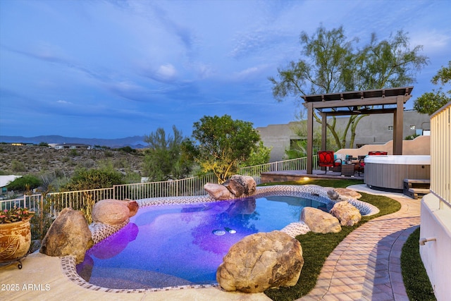 15816 E Eagle Crest Rd, Fountain Hills, AZ 85268 - view of pool featuring a hot tub, a fenced backyard, a mountain view, and a patio area