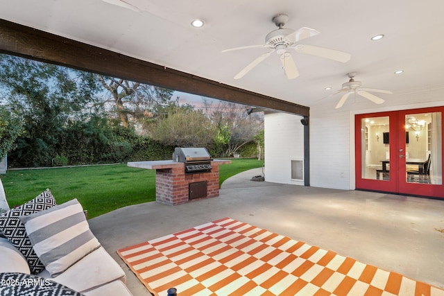 view of patio featuring a ceiling fan, french doors, a grill, and area for grilling