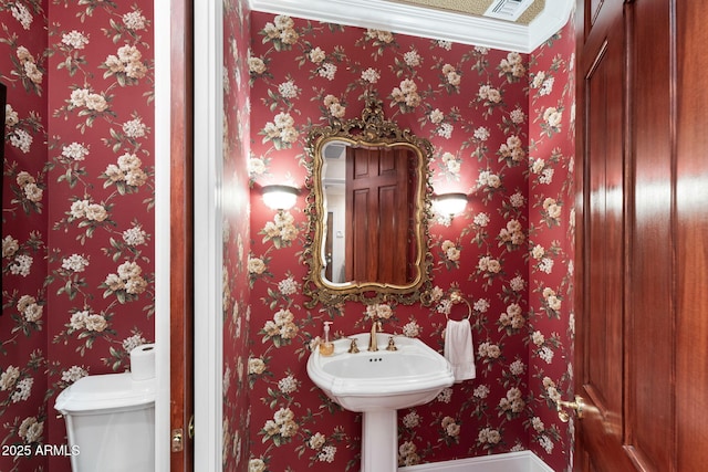 bathroom with sink, crown molding, and toilet