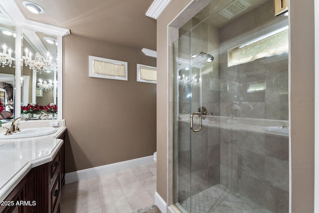 bathroom featuring toilet, vanity, tile patterned flooring, and a shower with shower door